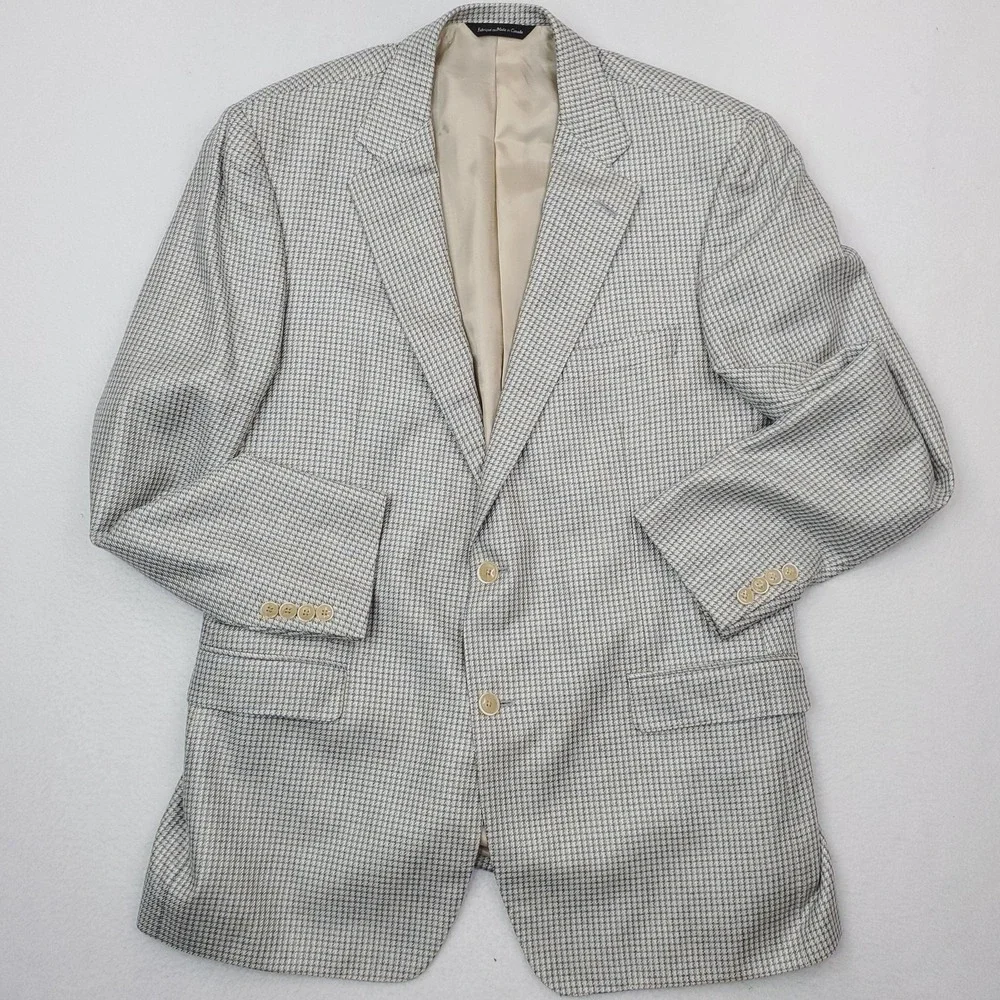 Samuelsohn Blazer Mens 44L Beige Blue Silk Check Tweed Sport Coat Jacket Canada